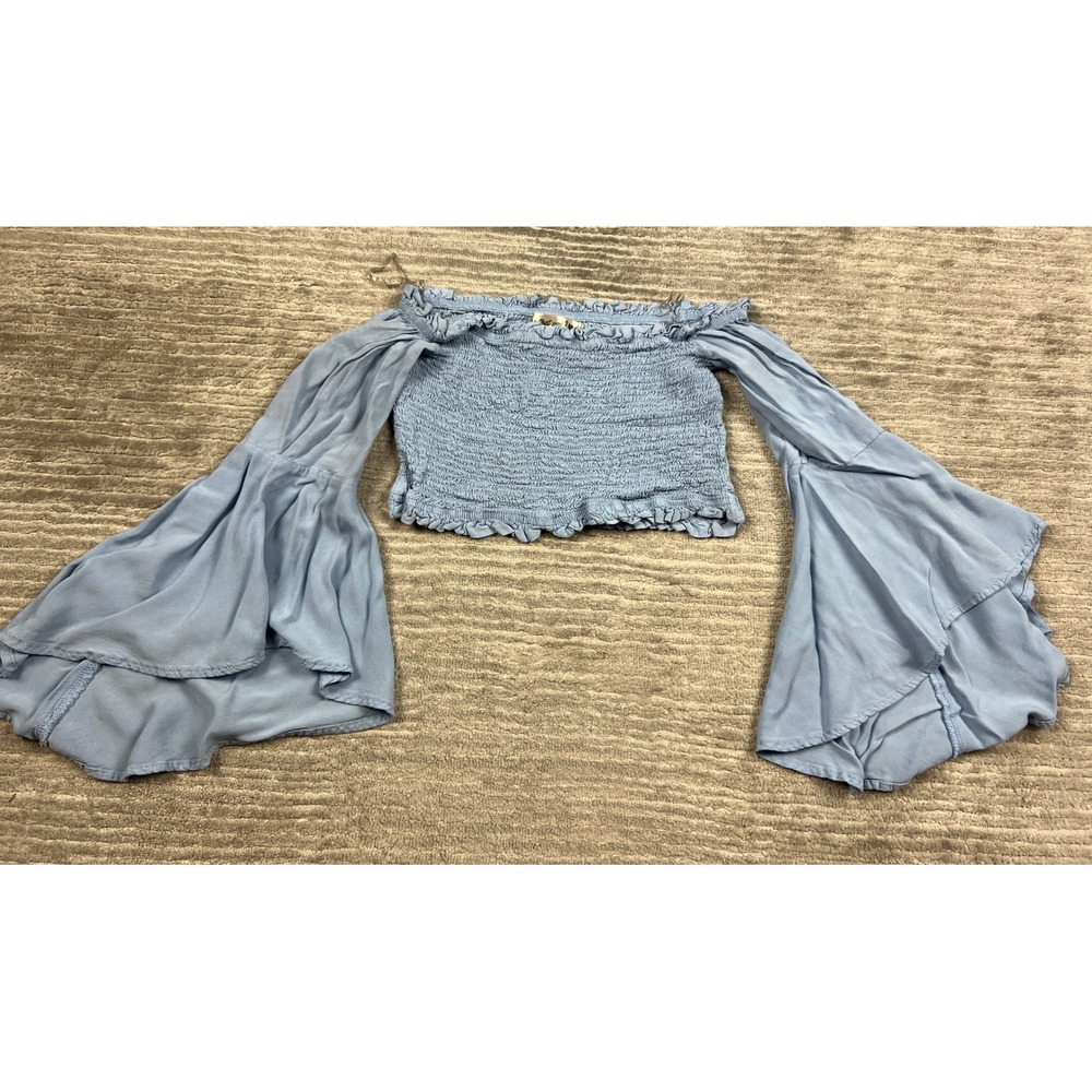 Who's That Girl? Crop Top Women M Blue Smocked Off Shoulder Tiered Bell Sleeve